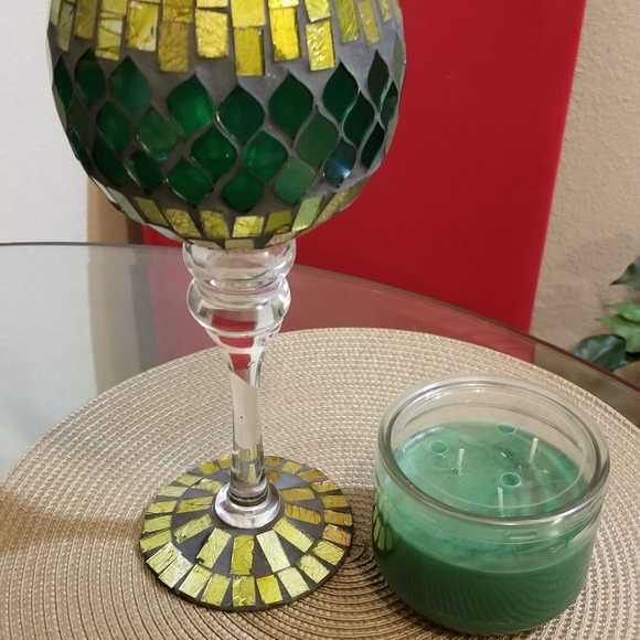 3 PIECE GREEN & GOLD MOSIAC CANDLE HOLDER/ BOWL/PLANTER, CANDLE BUNDLE SET - Picture 8 of 13